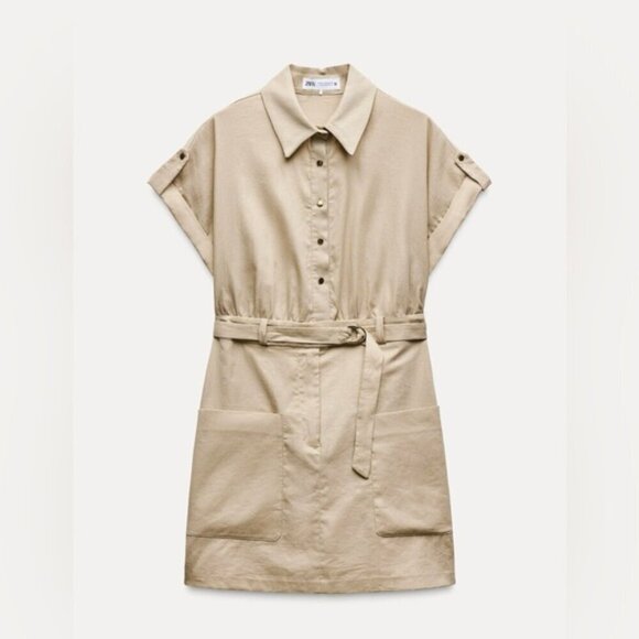Zara - Women's Linen Blend Mini Shirt Dress - Light Beige. Size: XL. NWT. (1718) - Picture 10 of 16